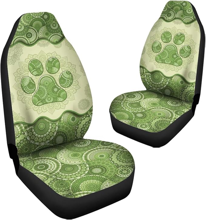 Green Boho Dog Paw Mandala Print Thin Washable Auto Interior Accessory 2 Pack
