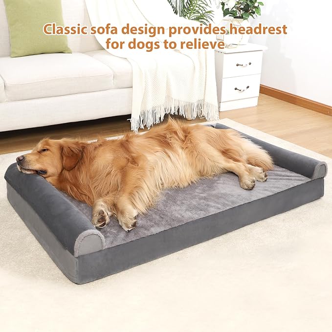 Orthopedic Dog Bed Large Breed Waterproof Dog Bed Washable Dog Couch Egg Foam Dog Crate Bed with Removable Bolsters & Nonslip Bottom 53" x 36" x 8.5", Grey