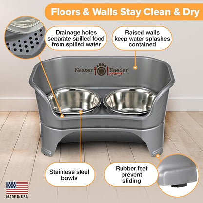 Neater Feeder - Express Model - Mess-Proof Dog Bowls (Medium/Large, Gunmetal Grey) – Made in USA – Elevated, No Spill, Non-Tip, Non-Slip, Raised Stainless Steel Food & Water Pet Bowls