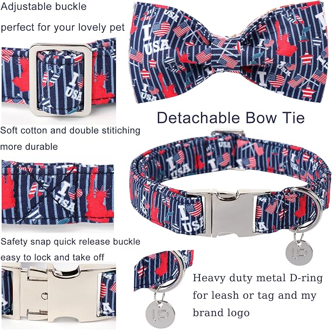 American Flag Dog Collar with Bow Tie 4th of 16-24in