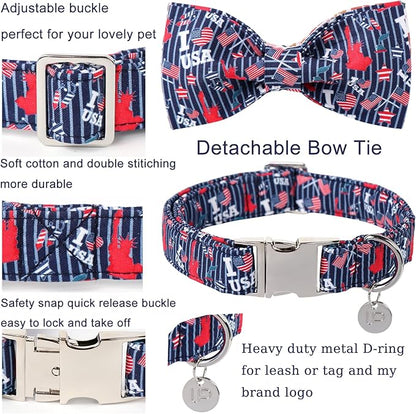 American Flag Dog Collar with Bow Tie 4th of 8-12in