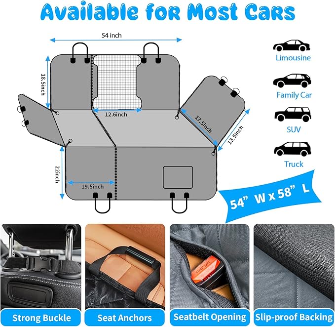 URPOWER 6-in-1 Dog Car Seat Cover for Back Seat 40/60 Split
