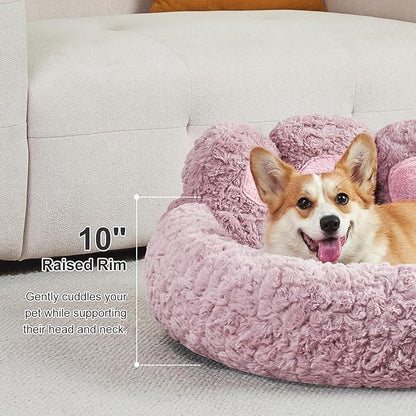 Jiupety Cute Pink Round Calming Dog Bed of Paw Shape