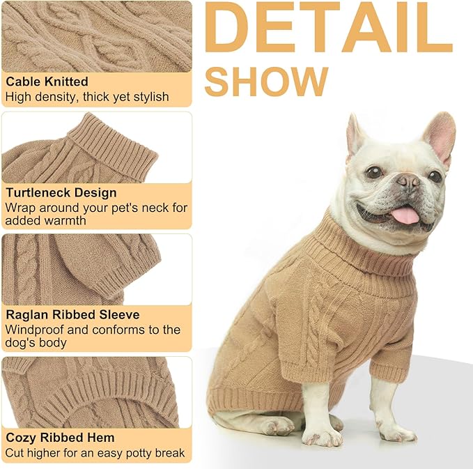 BEAUTYZOO Small Dog Sweater, Dog Sweatshirt Pullover Cable Knitwear, Classic Turtleneck Thick Cold Weather Dog Clothes for Small Medium Dogs Puppy Girl Boys Chihuahua, Bulldog, Dachshund, Pug, Yorkie