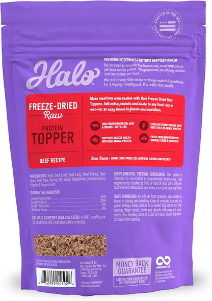 Halo Freeze Dried Raw Topper, Beef Protein Recipe, Freeze Dried Raw, Real Meat Topper, All Life Stages, 3.5-OZ Bag