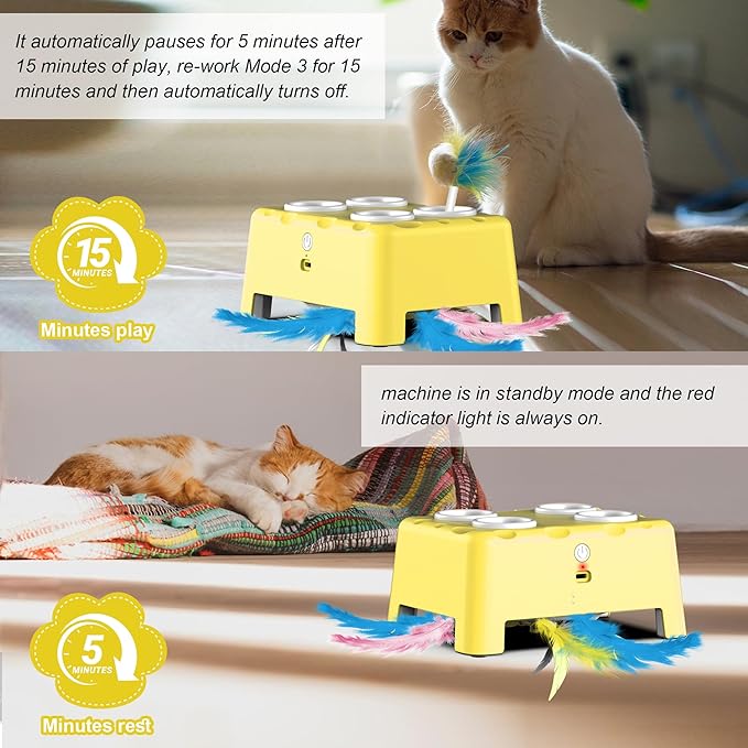 Interactive Cat Toys, 2-in-1 Automatic Cat Toy, 4 Holes Mice Whack A Mole Cat Mouse Toy with Moving Feather, Portable USB Rechargeable Electronic Kitten Toys (Yellow)