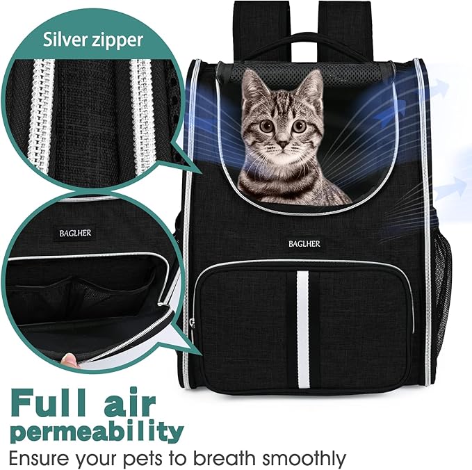 BAGLHER Pet Carrier Backpack, Ventilated Design, Pet Travel Backpack with Comfortable Shoulder Straps, Thicker Bottom Support, Two-Way Entrance Pet Carrier Backpack, Black