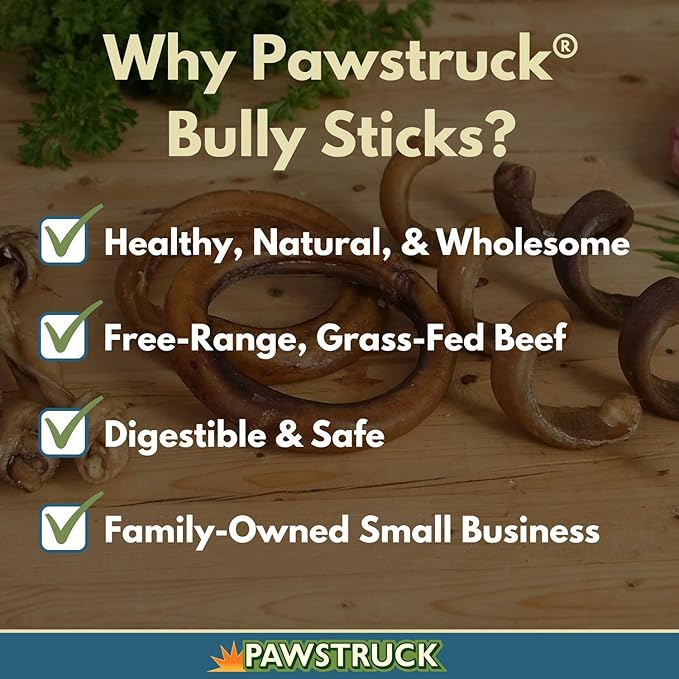 Pawstruck All-Natural 4" Bully Stick Rings for Dogs - Rawhide Free 100% Beef Single Ingredient Dental Chew Treat Bones - Fully Digestible Low Odor - Bulk 25 Pack - Packaging May Vary