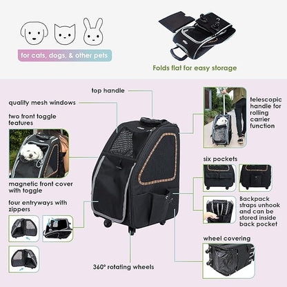 Petique 5-in-1 PET Carrier, Features: Rolling, Top Handle, Backpack, Luggage Attachment, Car Seat All in ONE for Small to Medium Dog, Cat, Bunny, Supports Pets up to 25LBS - Sunset Strip