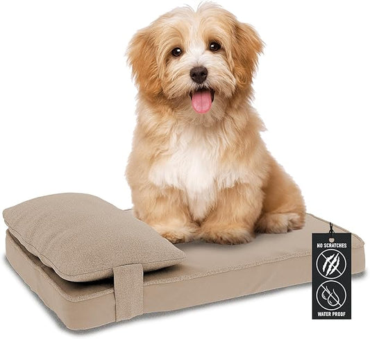 28"x 23" x 7" Washable Dog Bed with Square Pillow and Waterproof Cover, High Density Foam Scratch Proof Dog Bed Medium Size Dog with Orthopedic Support, Ultrasoft Breathable Pet Bed, Camel