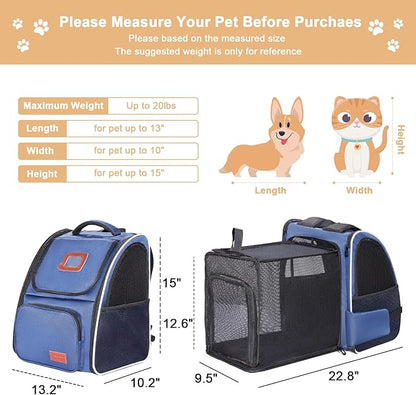 Cat Backpack Carrier Expandable Cat Hiking Backpack Up to 20 LB Cat Travel Backpack Breathable Pet Carrier Backpack Pet Backpack for Small Dogs Medium Large Cats, Blue L