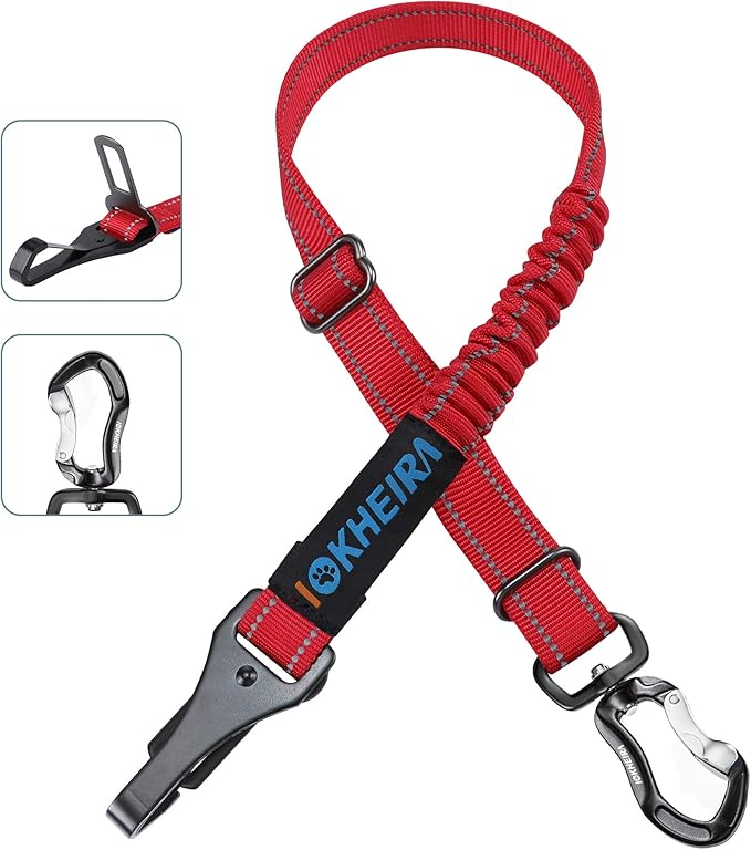 IOKHEIRA Dog Seatbelt, Updated Dog Seat Belt, Reflective Bungee Dog Car Harness, Multifunctional Pet Safety Belt with Hook Latch & Seatbelt Buckle, Swivel Aluminum Carabiner, Red