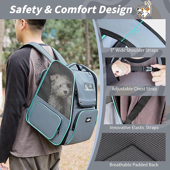 Cat Backpack Carrier, Expandable Pet Dog Backpack Carrier for Small Medium Cat Dog Under 20LBS, Ventilated Pet Backpack for Hiking Travel Outdoor Use, Gray