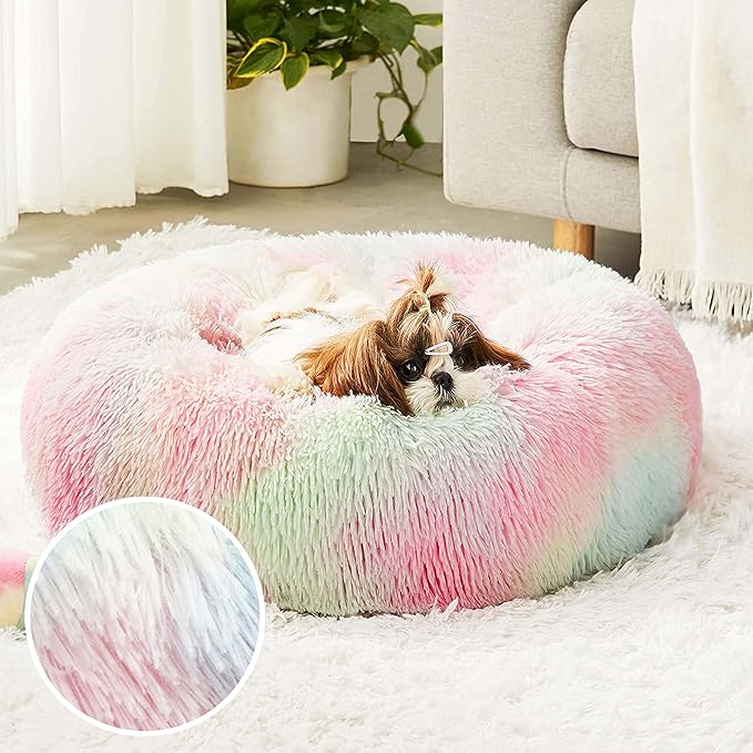 Western Home Faux Fur Dog Bed & Cat Bed, Original Calming Dog Bed for Small Medium Large Pets, Anti Anxiety Donut Fluffy Cuddler Round Warm Washable Cat Bed for Indoor Cats(27", Rainbow)