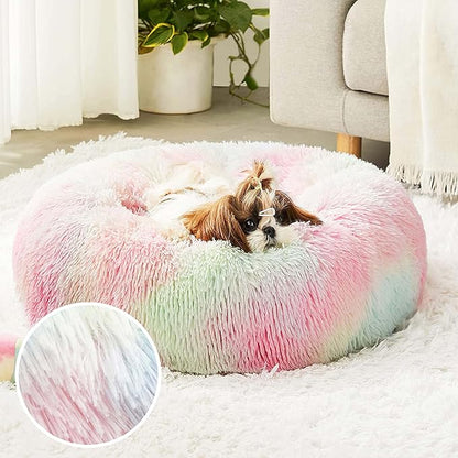 Western Home Faux Fur Dog Bed & Cat Bed, Original Calming Dog Bed for Small Medium Large Pets, Anti Anxiety Donut Fluffy Cuddler Round Warm Washable Cat Bed for Indoor Cats(27", Rainbow)