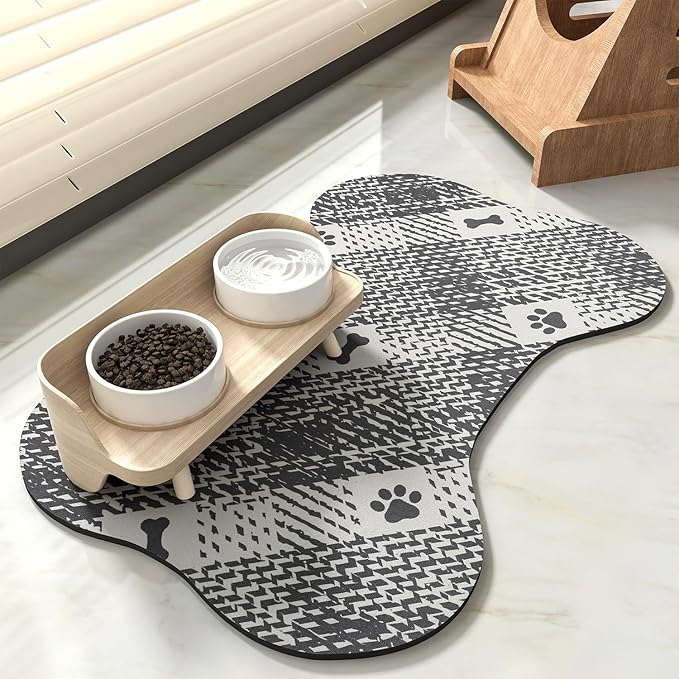 PADOOR- Dog Food Mat- Absorbent Pet Food Mat- Dog Bowl Mat Bone Shaped- Quick Dry Dog Feeding Mat 12"x19", Blackwhite