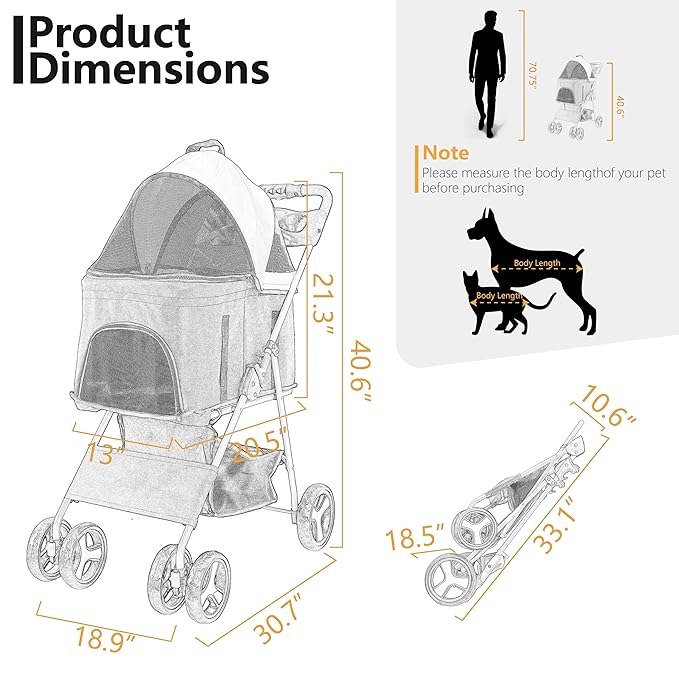 Foldable 3-in-1 Cat Pet Stroller for Medium Dogs up to 33 lbs