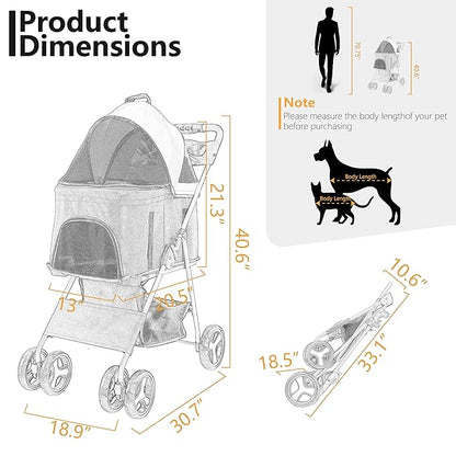 Foldable 3-in-1 Cat Pet Stroller for Medium Dogs up to 33 lbs