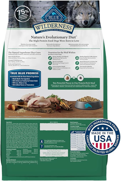 Blue Buffalo Wilderness Natural High-Protein Dry Food for Adult Dogs, with Wholesome Grains, Duck, 4.5-lb bag.