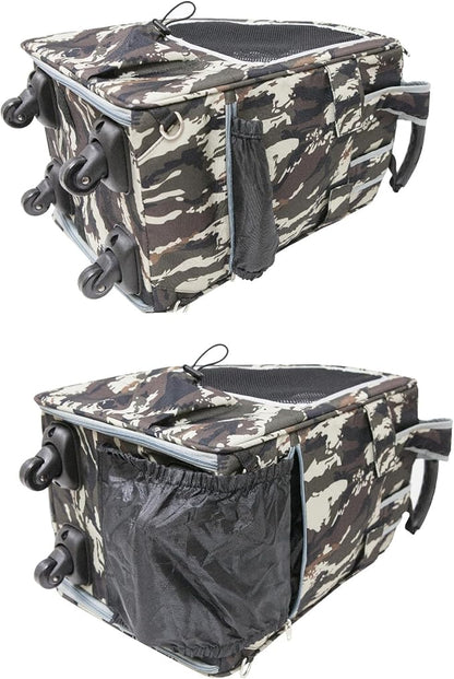 Petique 5-in-1 PET Carrier, Features: Rolling, Top Handle, Backpack, Luggage Attachment, Car Seat All in ONE for Small to Medium Dog, Cat, Bunny, Supports Pets up to 25LBS - Army CAMO