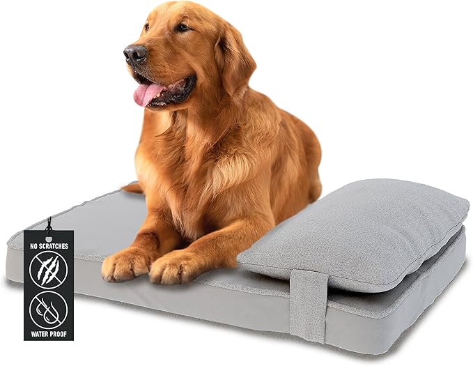 35"x 25" x 7" Washable Dog Bed with Square Pillow and Waterproof Cover, High Density Foam Scratch Proof Large Dog Bed with Orthopedic Support, Ultrasoft Breathable Pet Bed, Gray