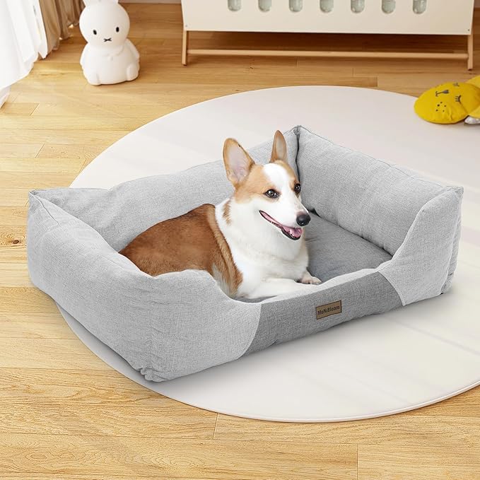MoNiBloom 32"x26"x8" Dog Beds for Large Size Dogs Machine-Washable Linen-Like Fabric Pet Beds Warming Cozy Soft Bed for Dogs and Cat