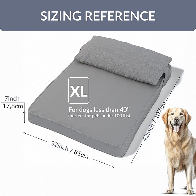 42"x 32" x 7" Washable Dog Bed with Square Pillow and Waterproof Cover, High Density Foam Scratch Proof XL Dog Bed with Orthopedic Support, Ultrasoft Breathable Pet Bed, Gray