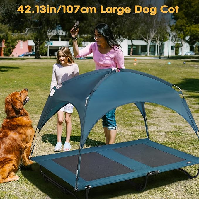 42 Inch Elevated Cooling Large Dog Bed with Removable Canopy, Raised Dog Beds for Large Dogs with Washable Breathable Mesh, Dog Cot for Big Dogs, Indoor/Outdoor Dog Bed with Canopy