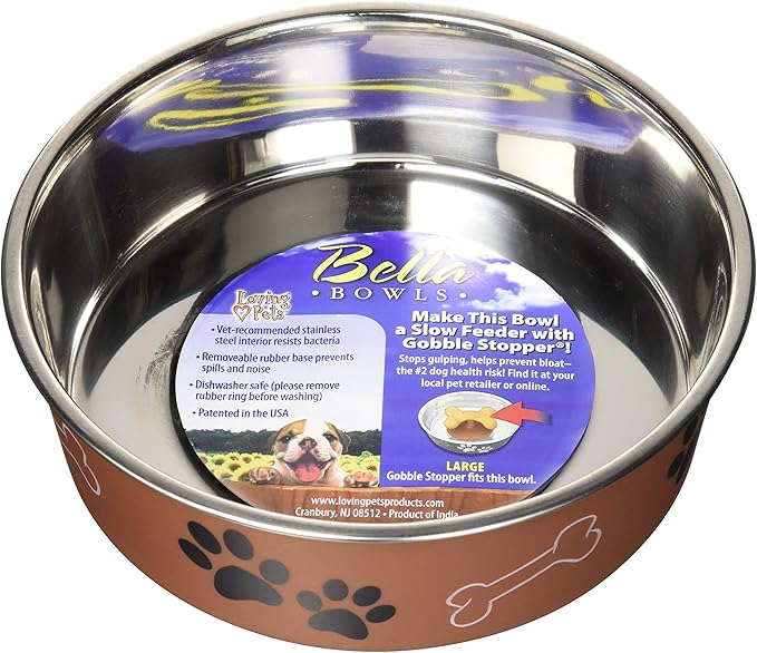 Loving Pets - Bella Bowls - Dog Food Water Bowl No Tip Stainless Steel Pet Bowl No Skid Spill Proof (Large, Copper)