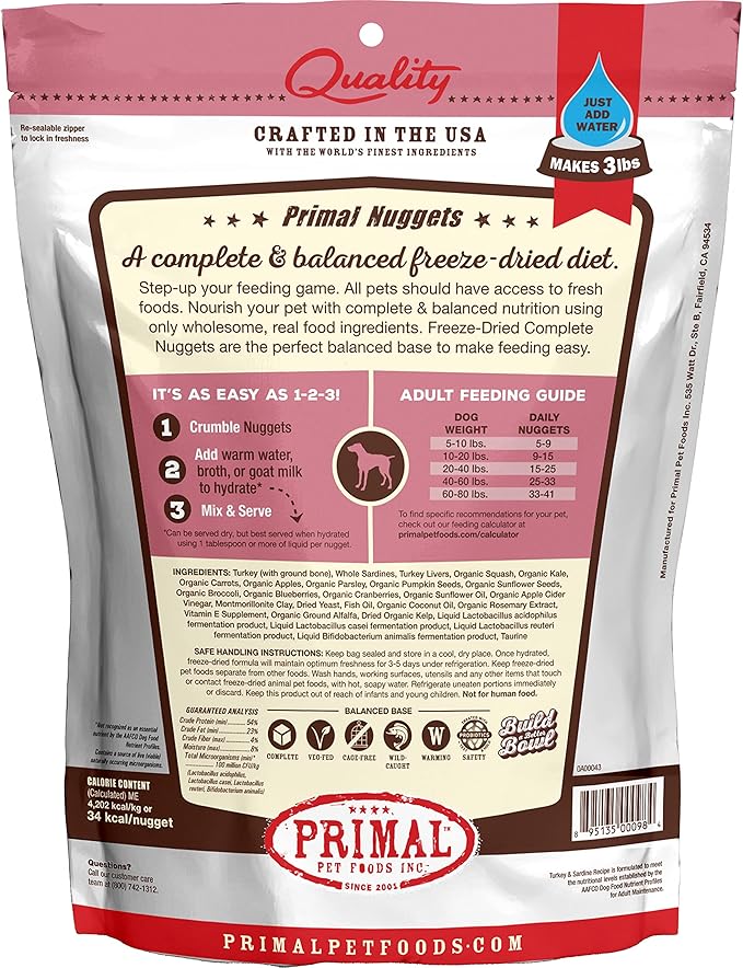 Primal Freeze Dried Raw Dog Food Nuggets, Turkey & Sardine Complete & Balanced Meal, Also Use as Topper or Treat, Premium, Healthy, Grain Free, High Protein Raw Dog Food, 14 oz