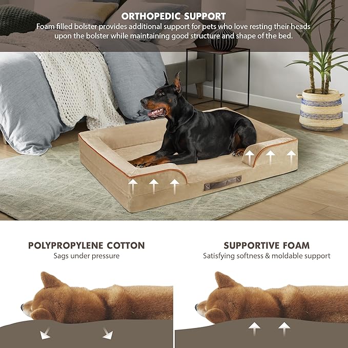 XXL Orthopedic Dog Sofa Bed - Jumbo Pet Couch with Memory Foam, Completely Removable Washable Cover, Waterproof Lining, Nonskid Bottom, Beige - Perfect for Large Breeds