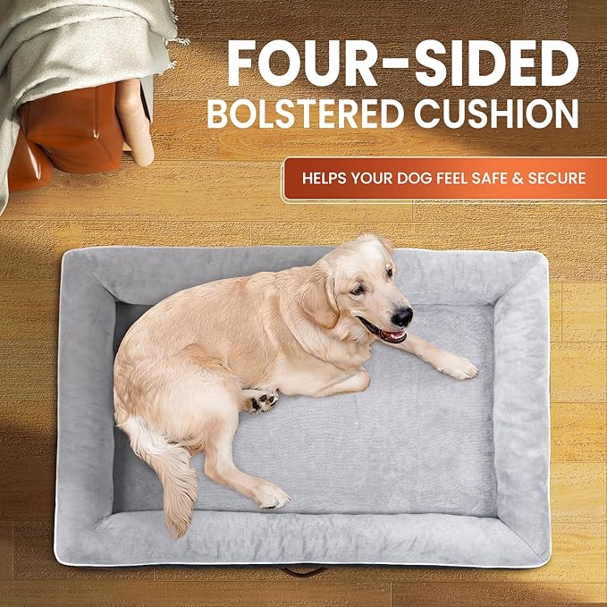 X-Large Orthopedic Dog Bed, Egg Foam Dog Couch with Removable Washable Cover, Waterproof Pet Sofa Bed with Non-Slip Bottom and Four-Sided Bolster Cushion, Gray Dog Beds for Large Sized Dog