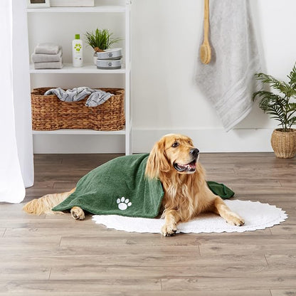 Bone Dry Pet Grooming Towel Collection Absorbent Microfiber X-Large, 41x23.5", Embroidered Hunter Green