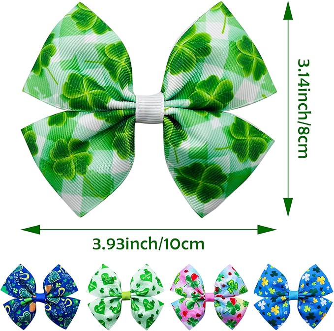 24Pcs/12 Pairs 4" Big St. Patrick's Day Dog Hair Bows with Rubber Band Three
