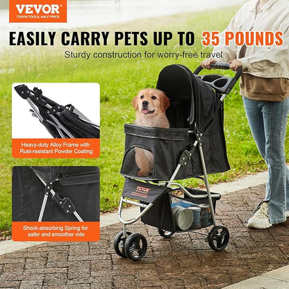 VEVOR Dog Stroller for Small Medium Dogs Up to 35lbs 3 Wheels