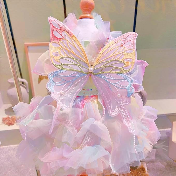 Dog Princess Dresses for Small Dogs Lolita Clothes Butterfly Costume Pet Girl Cute Coat Outfits Summer Costumes Puppy Handmade Skirt Cat Spring (S,Rainbow Faery)