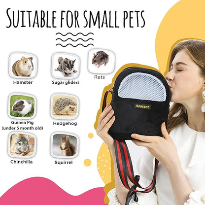 Hamster Carrier Bag, Upgraded Small Animal Bonding Soft Hedgehog Pouch Portable Outgoing Travel Bag with Adjustable Strap and Breathable Mesh for Squirrel Mice Sugar Glider Etc (Black, L)