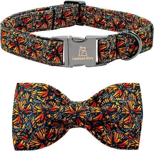Lionheart glory Fall Dog Collar with Bowtie Butterfly Print Dog Collars Heavy Soft Adjustable Dog Collar for Large Dogs Male/Female Dog Bow Collar Pet Gift