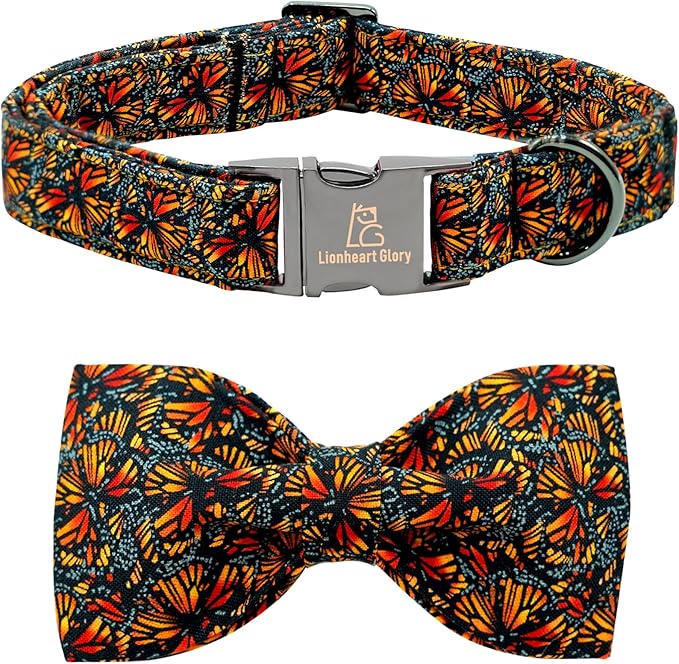 Lionheart glory Fall Dog Collar with Bowtie Butterfly Print Dog Collars Heavy Soft Adjustable Dog Collar for Small Dogs Male/Female Dog Bow Collar Pet Gift