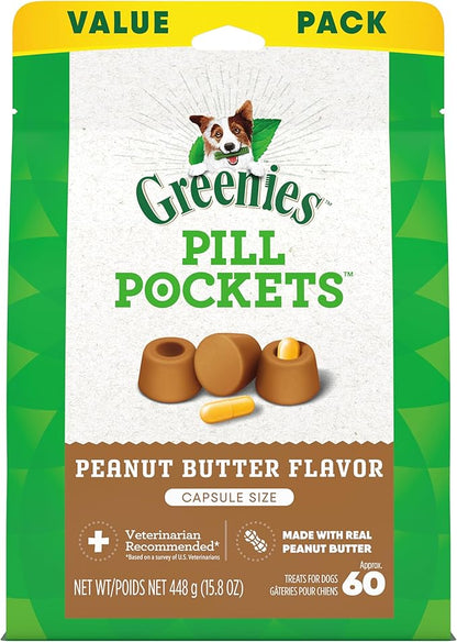 GREENIES PILL POCKETS for Dogs Capsule Size Natural Soft Dog Treats with Real Peanut Butter 15.8 oz. (60 Treats)