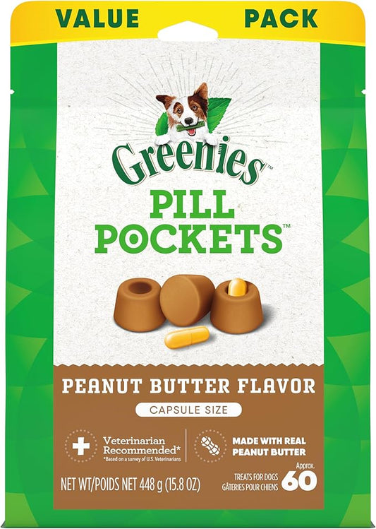 GREENIES PILL POCKETS for Dogs Capsule Size Natural Soft Dog Treats with Real Peanut Butter 15.8 oz. (60 Treats)