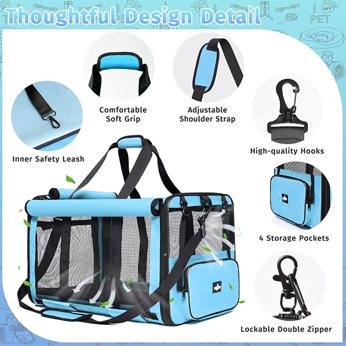 Pet Carrier, Collapsible Large Cat Carrier for 2 Cats, Soft Top Load Cat Carrier Bag for Small Medium Large Cat & Dog Under 30 lbs, Cat Travel Carrier Bag with Safety Lock Zipper, Blue