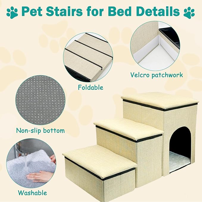 Fhiny Dog Stairs with Storage 3-Steps Foldable 160 lbs