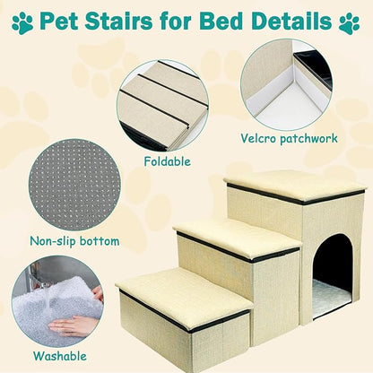 Fhiny Dog Stairs with Storage 3-Steps Foldable 160 lbs