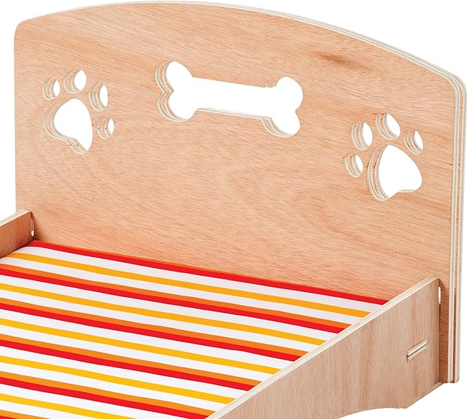 Etna Products Wooden Dog Bed Bone and Footprint Design with Removable Stripe Cushion 22" L 16" W 12" H