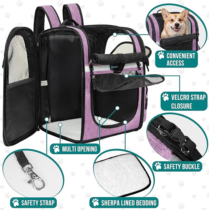 PetAmi Dog Backpack Carrier For Small Large Cat, Pet, Puppies, Ventilated Pet Hiking Backpack Travel Bag, Airline Approved Cat Backpack Carrier, Safety Back Support, Camping Biking, Max 18 lbs, Purple