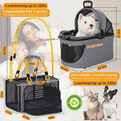 PAWZIDEA Double Pet Stroller for 2 Cats Dogs Small & Medium, TSA Airline Approved Cat Carrier Expandable, Cat Stroller with Removable Carrier Bag, 2 Dog Stroller Detachable Carrier, Travel Car Seat