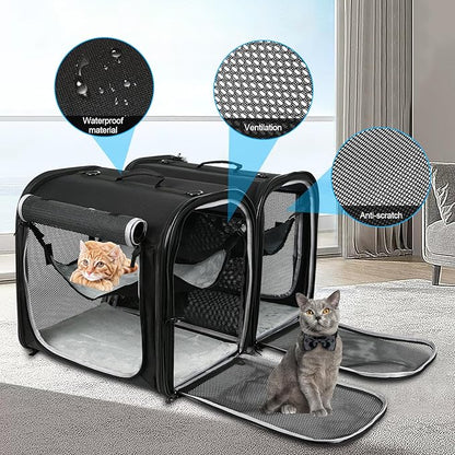 Portable 2-in-1 Pet Carrier, HSSZXFR Double Cat Travel Carrier for Medium Dogs Large Cat, Double Travel Kennel Kit, Dog Travel Crate with Portable Carry Bag, Hammocks, Mats, Pet Bowls for Outdoor