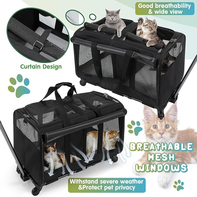 2 Set Double Cat Carrier with Wheel,Extra Large Pet Carrier for 2 Cats,Rolling Dog Carrier, Pet Travel Carrier for Outdoor Hiking Camping Veterinary Visits, Black