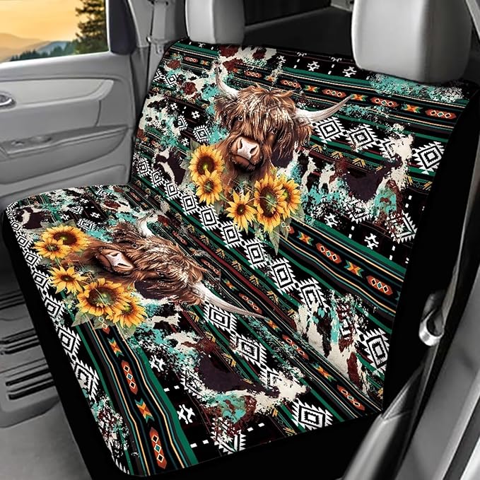 AFPANQZ Highland Cow Sunflower Car Seat Cover Rear Seats Only High Stretchy Washable Bucket Seat Cushion Protector Backseats Covers for Girls Women